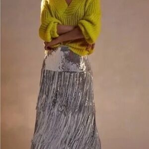 Anthropologie Silver Sequin Fringe Maxi Skirt
